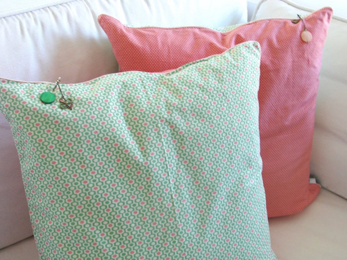 Coussin Carré, Coussin Rectangulaire, Housse de Coussin, Tissu Vintage Seventies, Vert, Rose, Petits