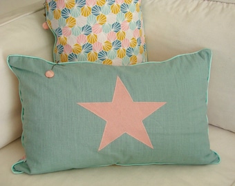 Cushion cover, cushion with Star, water green linen, geometric Scandinavian fabrics, blue, yellow, pink, pink fabric, white peas