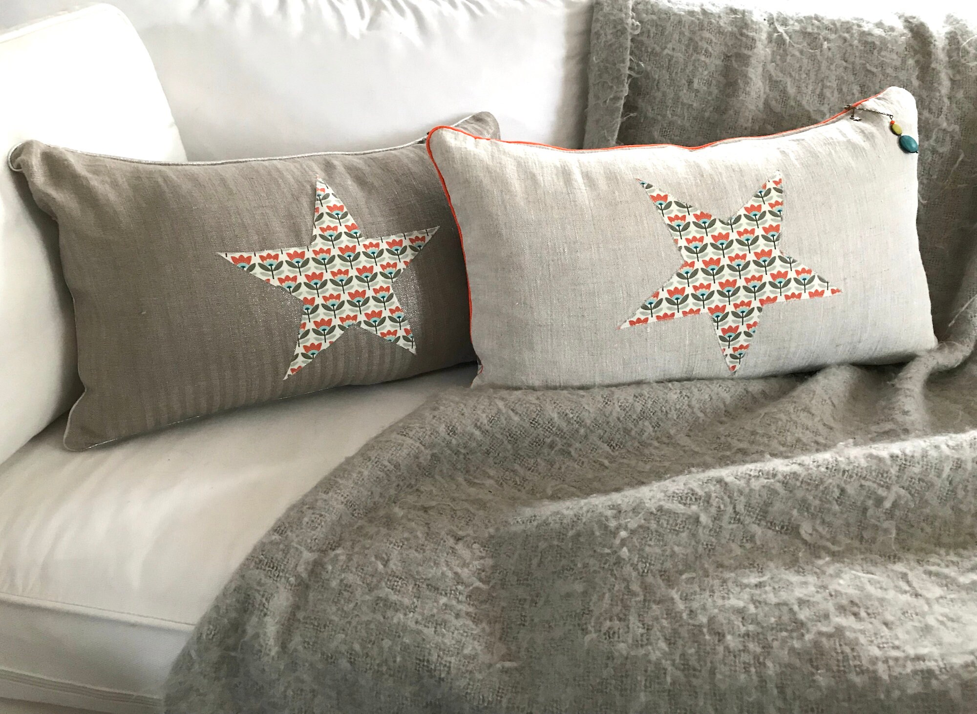 Coussin Rectangulaire, Déhoussable, Housse de Coussin, Lin Naturel ou Taupe Brillant, Imprimé Fleurs