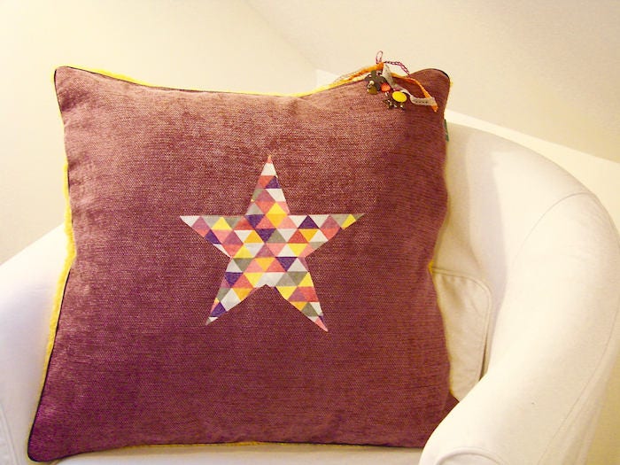 Housse de Coussin, Gros Coussin Carré, 60 X 60cm, Etoile, Tissu Triangles Multicolores, Violet, Prun