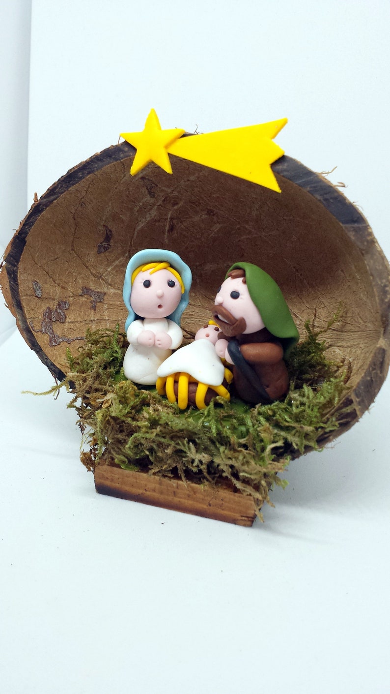 Handmade Nativity scene in a coconut shell christmas manger Etsy