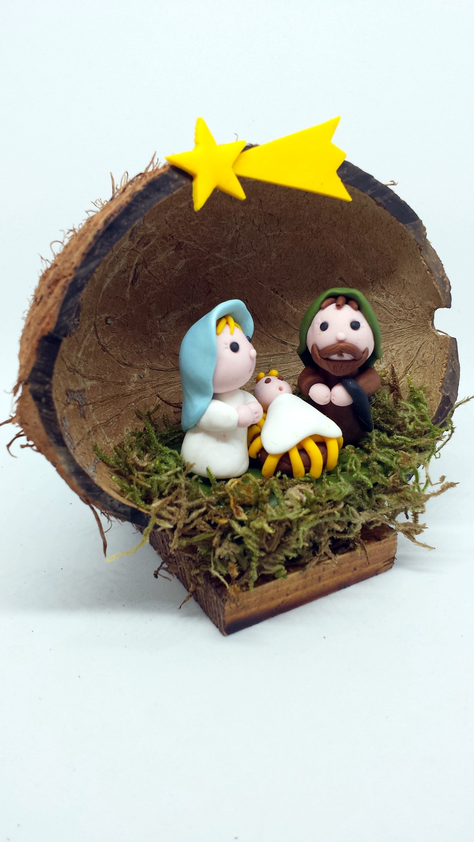 Handmade Nativity scene in a coconut shell christmas manger | Etsy