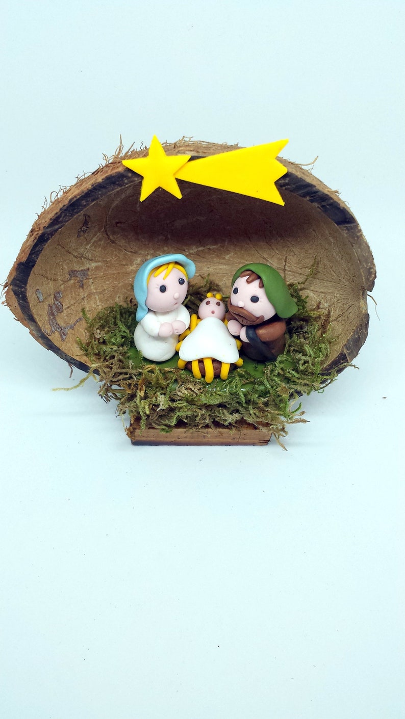 Handmade Nativity scene in a coconut shell christmas manger Etsy