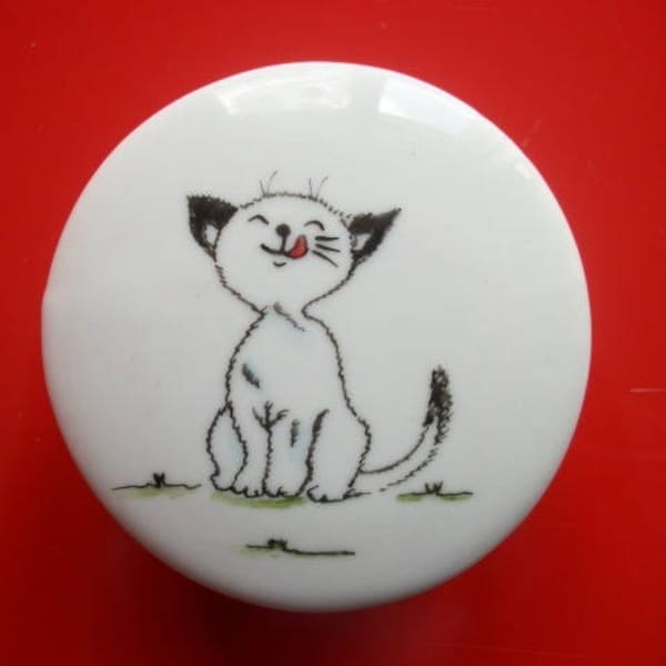 Boîte à dents de lait en porcelaine décorée à la main d'un "Chat gourmand", boîte ronde, Chat blanc