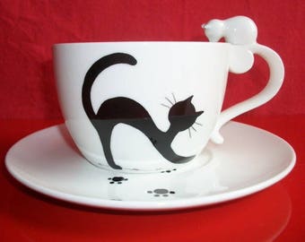 Lunch with a "cat stretching" lunch porcelain, lunch, hand painted breakfast Cup Saucer, teen adult