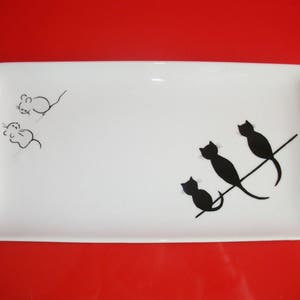 Rectangular porcelain dish painted by hand with 3 black cats watching over 2 gray mice, ideal dish for savory or sweet cakes image 1