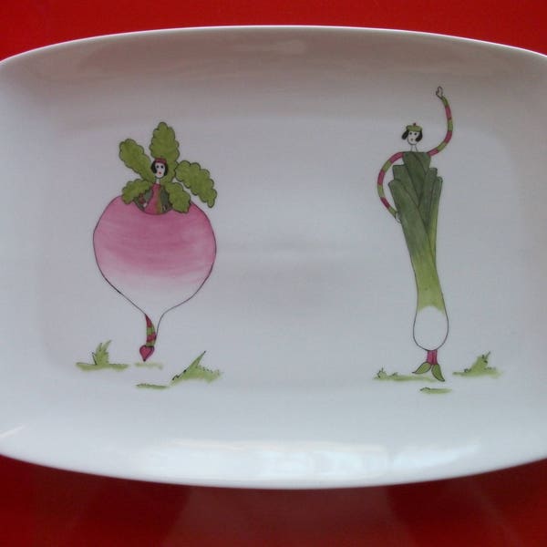 Plat décoré de "Légumes", plat en porcelaine de Limoges, plat décoré à la main, plat rectangulaire