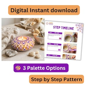 Könnte beinhalten: Digitaler Download mit einer Schritt-für-Schritt-Punktmusteranleitung. Das Bild zeigt einen Kerzenhalter mit einem lila und goldenen Mandala-Design, eine Zeitleiste und den Text "3 Palette Options".
