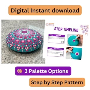 Può includere: Una pietra mandala turchese, rosa e bianca con un motivo a punti dettagliato. L'immagine include una guida passo passo e il testo "Download digitale istantaneo", "3 Opzioni tavolozza" e "Schema passo passo".