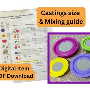 Guia de tamanhos de nossos moldes e guia de mistura ao usar gesso ultracal 30 para moldes Happy Dotting Company