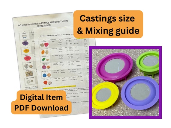Size guide and mixing guide for making art stones and tea light holders  from our molds Happy Dotting Company