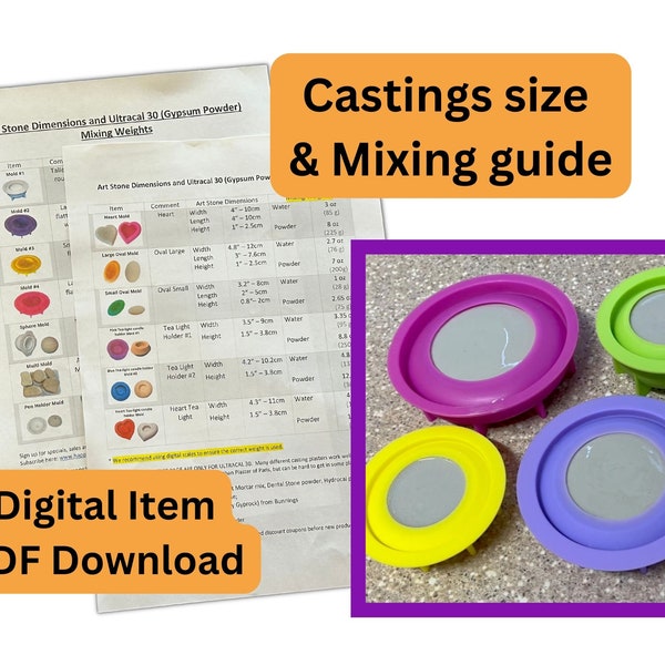 Size guide and mixing guide for making art stones and tea light holders from our molds Happy Dotting Company