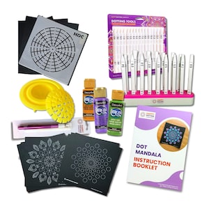 May include: A selection of mandala dotting tools and supplies. Includes stencils, dotting tools, paint bottles, a dotting stylus, a yellow silicone tool, and an instruction booklet. The kit is designed for creating dot mandala art.