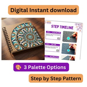 Può includere: Un quaderno a spirale con un disegno a mandala realizzato a puntini nei colori ottanio, bianco e marrone sulla copertina, insieme a un foglio di istruzioni Happy Dotting Company con testo e diagrammi per l'uso di vari strumenti.