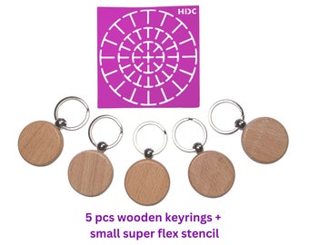 Wooden keyrings / keychains blank 5 pcs with Super Flex stencil small single template silicone flexible DIY crafting