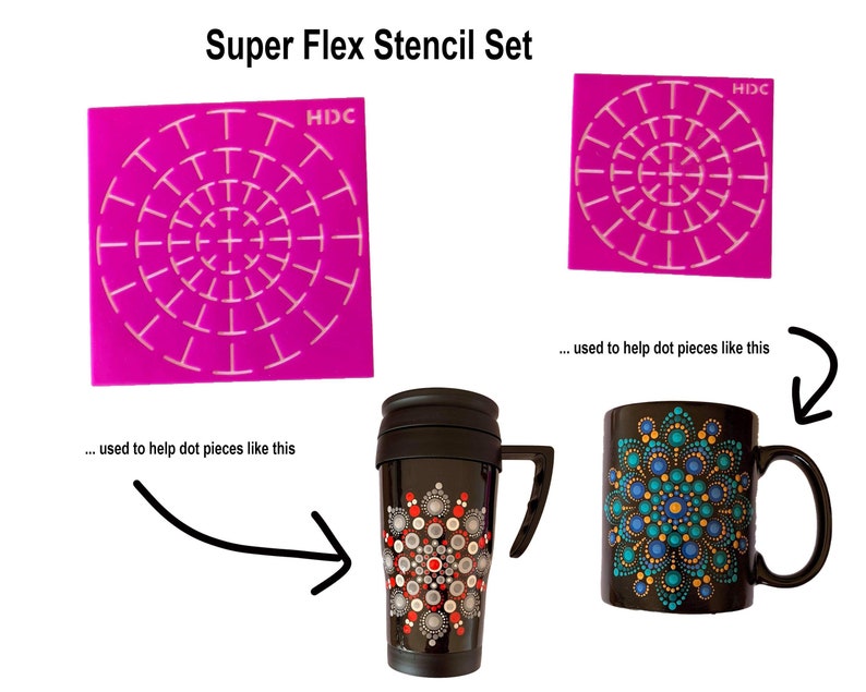 May include: Two pink stencils with a circular pattern of dots and the text "HDC" in the top right corner. The stencils are used to help dot pieces like the black mug with a colorful dot mandala design.