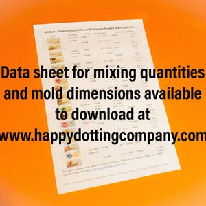 May include: A white sheet of paper with a table listing the dimensions and mixing quantities for different art stone molds. The table includes the name of the mold, its dimensions in inches, and the amount of powder and water needed to make the stone. The text "Data sheet for mixing quantities and mold dimensions available to download at www.happydottingcompany.com" is printed on the sheet.
