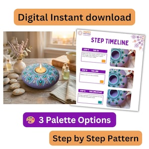 Può includere: Un portacandele lavanda con un design mandala turchese e bianco, illuminato da una candela. L'immagine include una guida passo passo e il testo "Download digitale istantaneo", "3 opzioni di tavolozza" e "Schema passo passo".