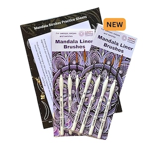 May include: A collection of Mandala Liner Brushes and practice sheets. The brushes have white handles and fine metal tips. The packaging features a purple mandala design and the text "Mandala Liner Brushes". A "NEW" sticker is visible.