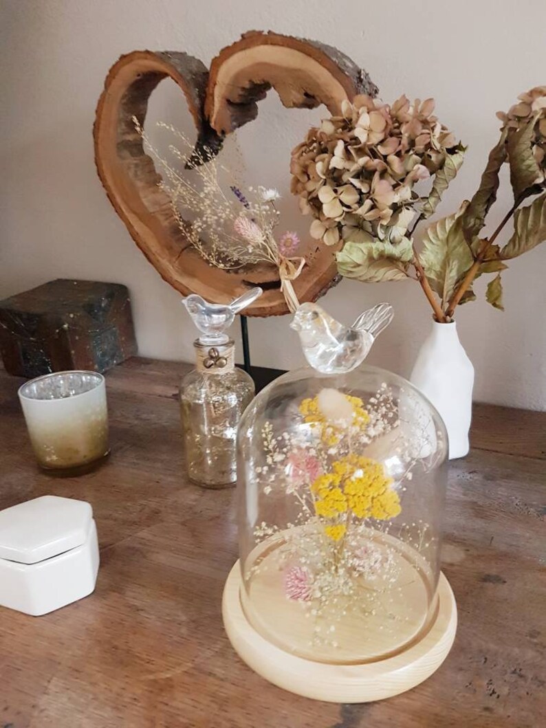 Composition De Fleurs Séchées Sous Cloche