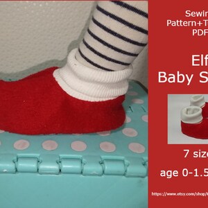 May include: Red elf baby shoes with white cuffs. Sewing pattern and tutorial PDF included. 7 sizes, ages 0-1.5 years. https://www.etsy.com/shop/KikiShopbyOksana