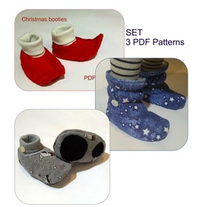 May include: Set of three PDF patterns for making baby booties. The patterns include a red elf bootie, a blue denim bootie with stars, and a gray bootie with a penguin and snowflake design.