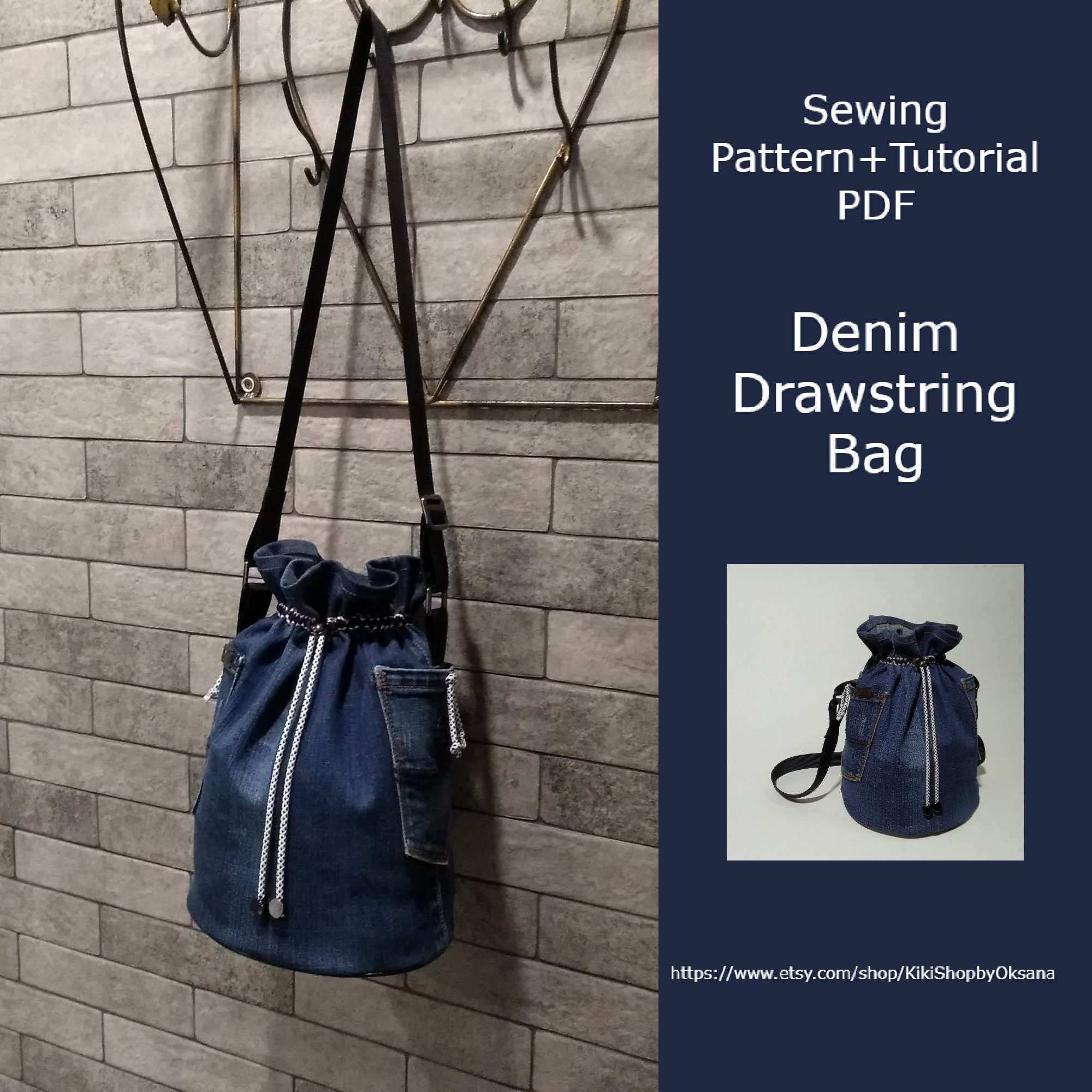 Denim Drawstring Bucket Bag PDF Download Pattern (3 sizes included