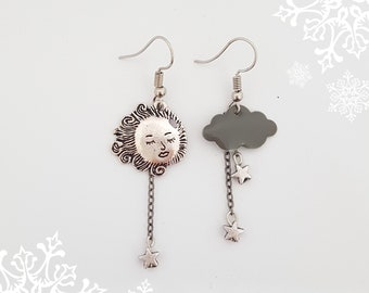 Sun cloud earrings asymmetrical star - rain - enameled grey - silver color Metal and cloud sphinx - heavenly sky