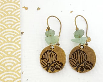 Sequin flower lotus - green Aventurine gemstone - large antique bronze Stud Earrings - zen jewelry earrings