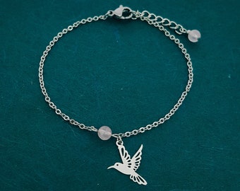 Fine bracelet Bird hummingbird print - pearl quartz pink - Stainless steel metal - fine chain - minimalist