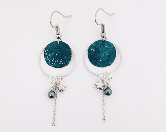 Sequin starry sky - grey hematite - star - silver color Metal bead earrings