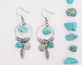 Native American Indian stone Turquoise - Blue gemstone - silver color metal feather earrings