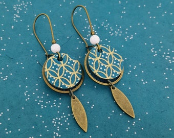 Sequin earrings origami gold turquoise geometric pattern - bronze shuttle - white pearl - Large gilding metal brass colors