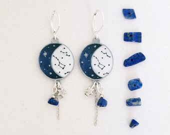 Moon stars and Constellation - blue Lapis Lazuli - starry sky earrings plastic crazy-silver color Metal