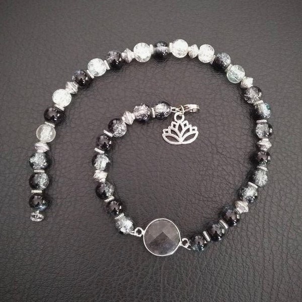 Bracelet Quartz noir double tour, perles verre noir effet craquelé et pendentif Fleur de lotus - idée cadeau bijoux femme fête des mères