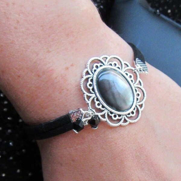 Bracelet cabochon Baroque Nacre d'abalone black lip Suédine idée cadeau bijoux femme Noël anniversaire saint Valentin fête des mères