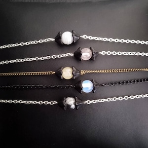 Fine stone pearl and black flower bracelet Opaline Pink quartz Citrine Obsidian Agate on metal chain - women&#39;s jewelry gift idea