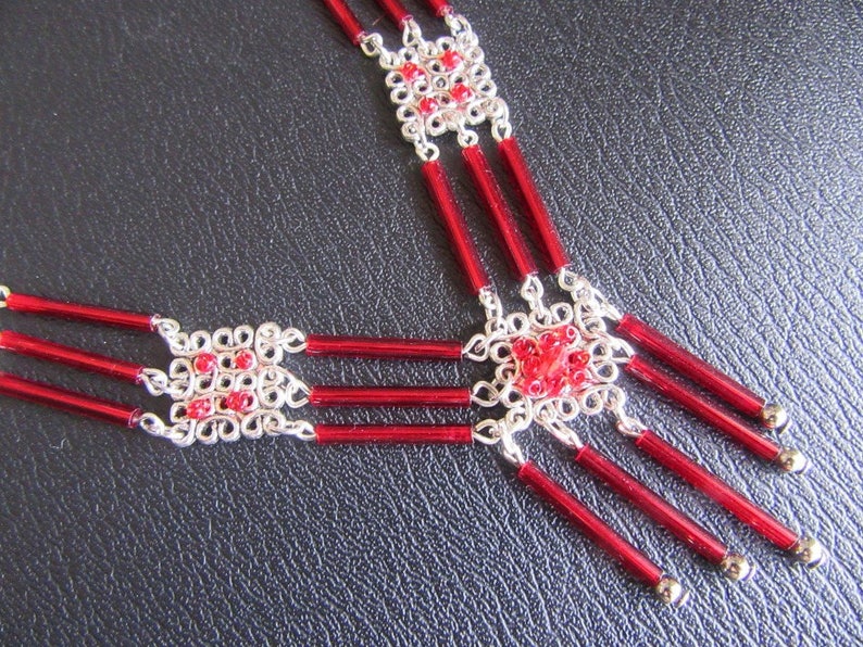 Ethnic Chic multi-row necklace Red and silver, square connectors and red glass tube beads women's jewelry gift idea image 2