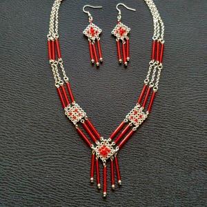 Ethnic Chic multi-row necklace Red and silver, square connectors and red glass tube beads women's jewelry gift idea image 4