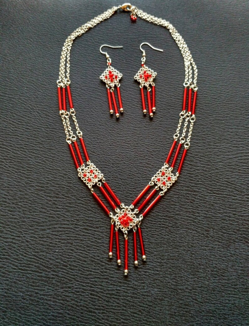 Ethnic Chic multi-row necklace Red and silver, square connectors and red glass tube beads women's jewelry gift idea image 4