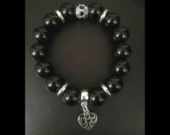 Bracelet Glam Rock Coeur perles de verre noires et argentées, pendentif coeur puzzle - idée cadeau bijoux femme Saint Valentin Anniversaire