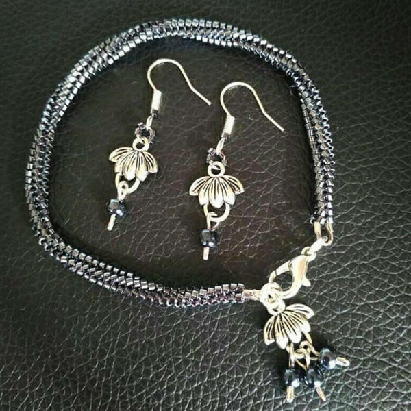 Parure Bracelet et boucles d'oreilles perles tissées miyuki Gris Hématite et Fleur de Lotus - idée cadeau bijoux femme