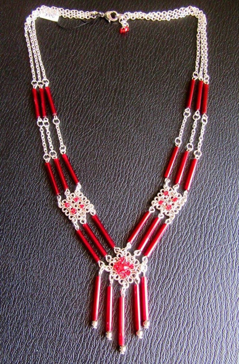 Ethnic Chic multi-row necklace Red and silver, square connectors and red glass tube beads women's jewelry gift idea image 1