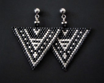 Black and Silver needle-woven triangle earrings - women's birthday Valentine's Day jewelry gift idea