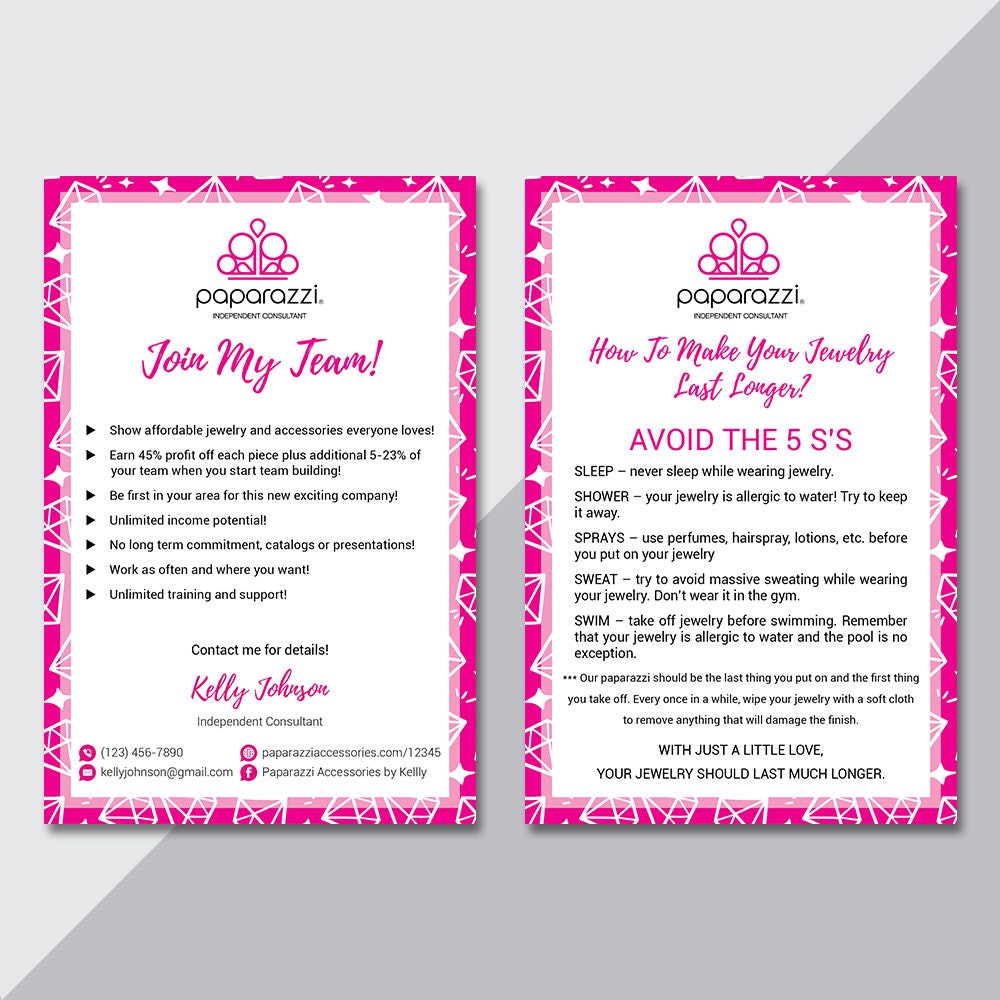 Paparazzi Join My Team Paparazzi Care Instructions Card Back | Etsy