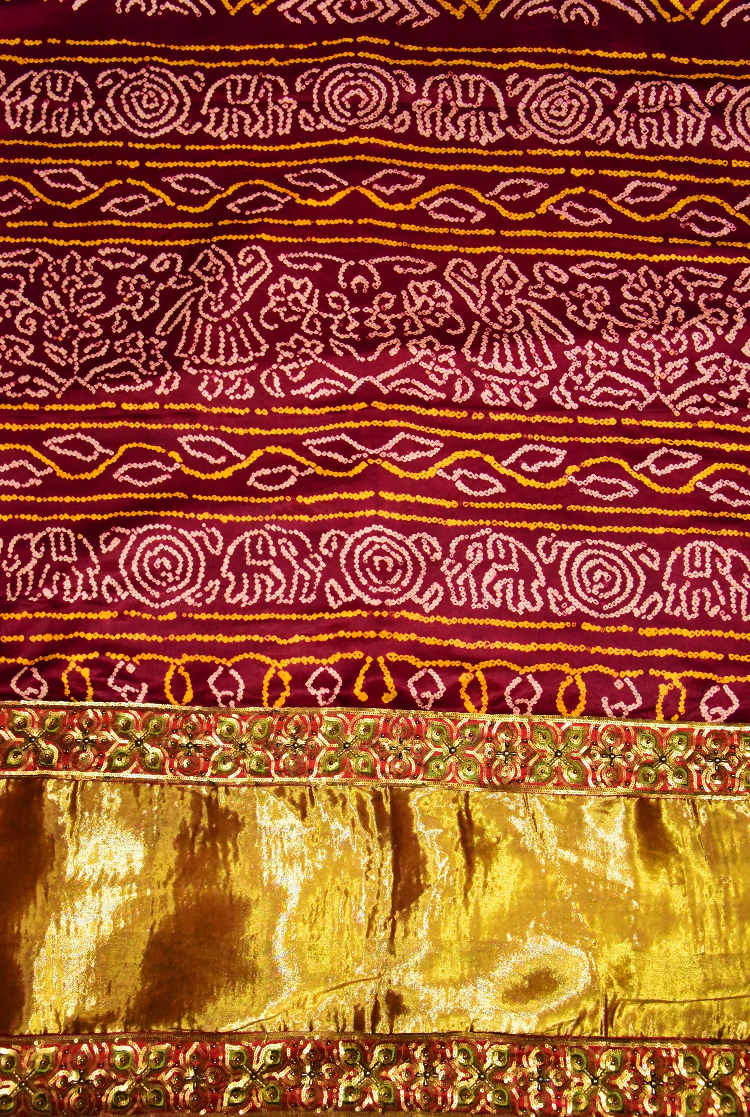 Vintage Indian Bandhani Printed Zari Border Embroidery Maroon Sari ...