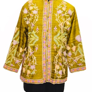 Antique Eastern Indian Kashmiri Crewel Embroidery Jacket / Boho Vintage /Floral Embroidery / Wool / Green to School / Girl&#39; Long / Jacket