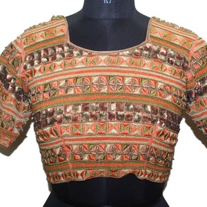 Antique Vintage Hand Embroidered Banjara Indian  -Top Jacket - Choli - Beaded Gold Work  - Sequins - Orange -  Color -  Fabric  - Pure Silk