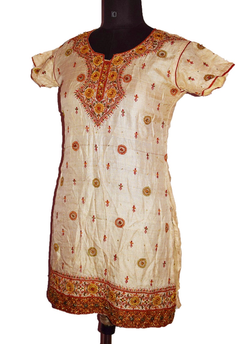 Vintage Antique Indian Wedding Kurta Top Lucknow Hand Old Handmade Beaded Embroidery Work Long Of White Color 100/% Pure Silk Tunic Kurta