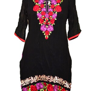 Vintage Antique Indian Bollywood Party Wear Kurta Top Rainbow Flower Heavy Handmade Embroidery Work Georgette Tunic Wedding Black Long Dress